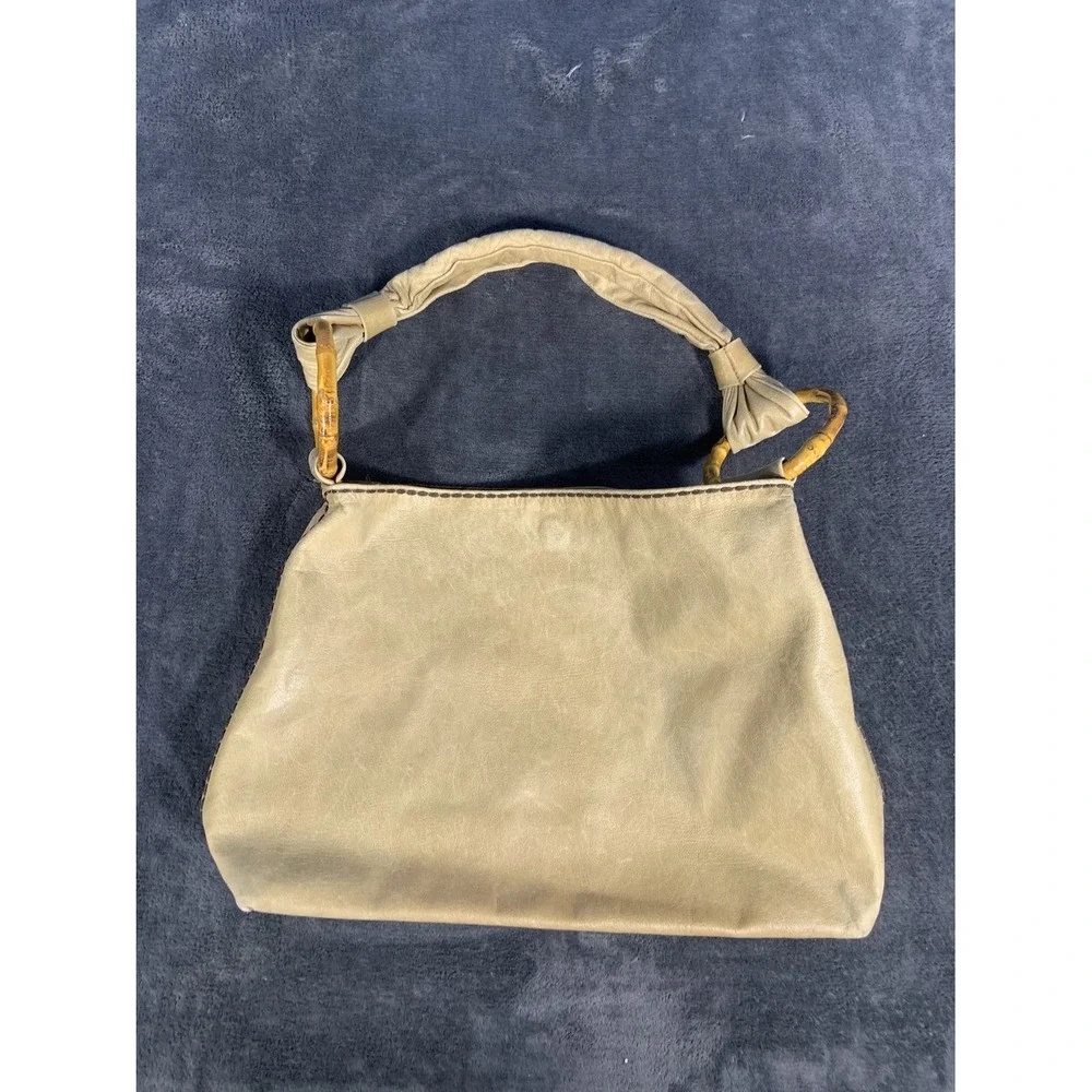Plinio Visona Italy Tan Leather Bamboo Handle Hobo Shoulder Bag Leopard Lining